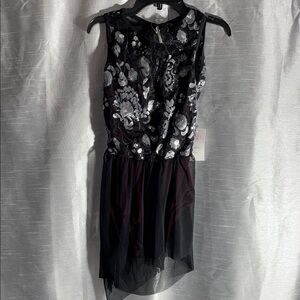 NWT Dance Costume Black w. Burgandy underbody w/ silver sequin floral accent